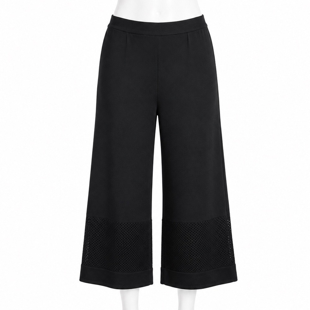 Ming Wang Knit Pants Cropped Wide Leg Black Mesh Detail Womens Small Minimalist